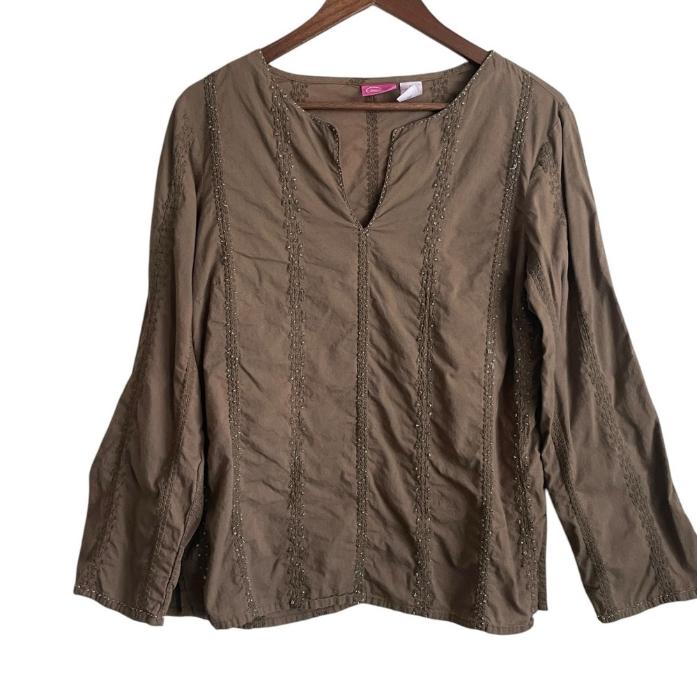 Pappagallo Women Boho Coastal Embroidered Floral Top M Brown Beaded Split Neck